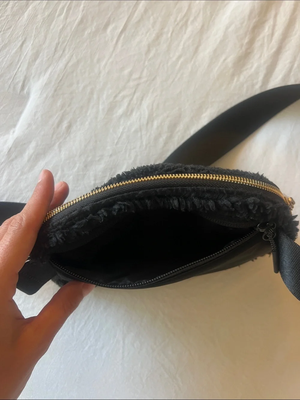 lululemon athletica Black fuzzy Crossbody Belt Bag with gold Hardware
